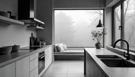 Modern minimalist kitchen interior with winter view windowの写真素材