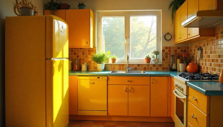 Bright yellow retro kitchen interior with natural lightの写真素材