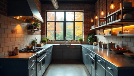 Modern kitchen interior with gray cabinets and brick walls