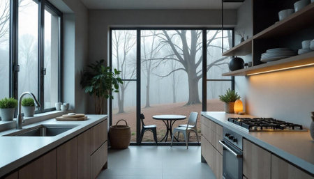 Modern kitchen interior with nature view in muted tonesの写真素材
