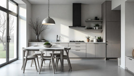 Modern minimalist kitchen interior with dining table and chairs