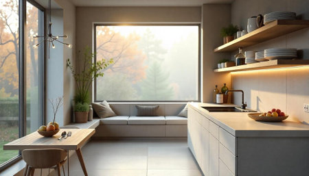 Sunlit modern kitchen with autumn view from window seatingの写真素材