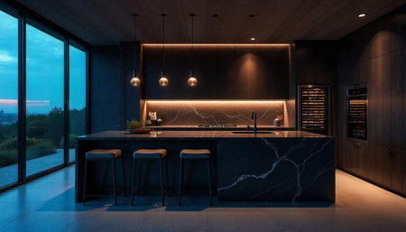 Modern kitchen design with island and outdoor view