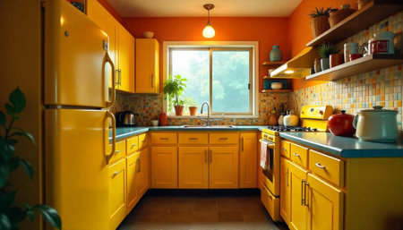 Bright retro style kitchen with yellow cabinets and appliancesの写真素材