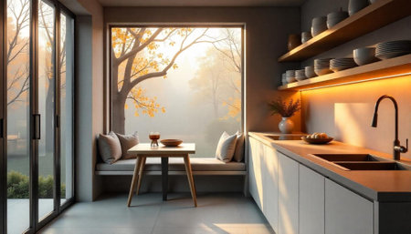 Modern kitchen interior with autumn view and warm lightingの写真素材