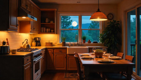 Warmly Lit Kitchen Interior with Laid Table at Nightの写真素材