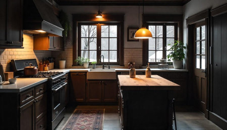 Warm rustic kitchen interior with natural light and winter viewの写真素材