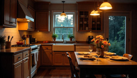 Warm kitchen interior with served table and flower bouquet