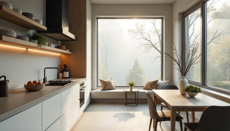 Bright modern kitchen interior with nature view window seatの写真素材