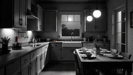 Elegant monochrome kitchen scene illuminated by moon and pendant lightsの写真素材