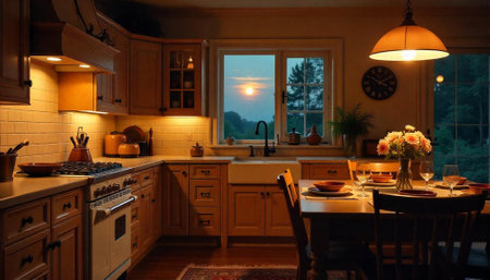Warm rustic kitchen interior with dinner table setting and sunset