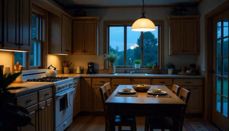 Cozy and inviting kitchen in warm evening light
