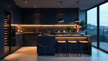 Modern black kitchen interior with island and panoramic view