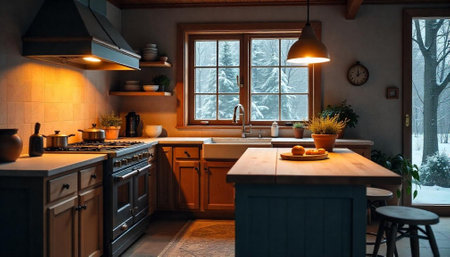 Cozy kitchen scene with view of snowy winter landscape