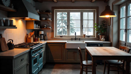 Rustic Kitchen Interior with Winter Scene outside the Window