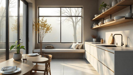 Sunlit Modern Kitchen Interior with Minimalist Design and Detailsの写真素材