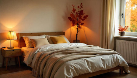 Cozy autumn bedroom with warm neutral colors and bedding