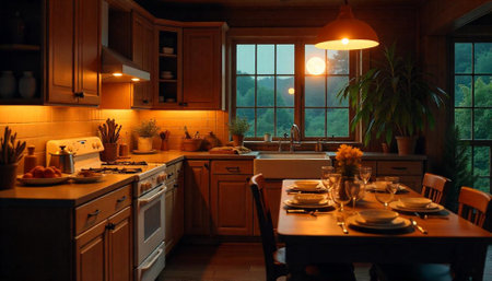 Warm and inviting rustic kitchen with prepared dinner tableの写真素材
