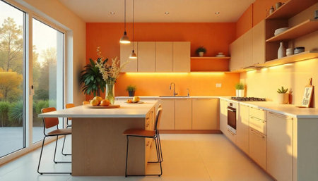 Modern kitchen interior with orange walls and neutral cabinetsの写真素材