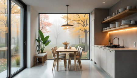 Modern dining area with autumn view from large window