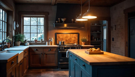 Rustic kitchen with island and window view during winterの写真素材