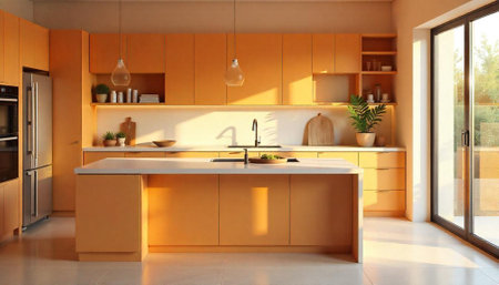 Modern Kitchen Interior with Warm Orange Cabinets and Island