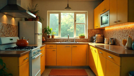 Sunny retro kitchen with yellow cabinets and plantsの写真素材