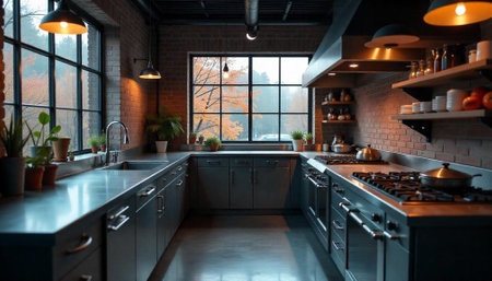 Modern industrial kitchen with stainless steel appliances and brick walls