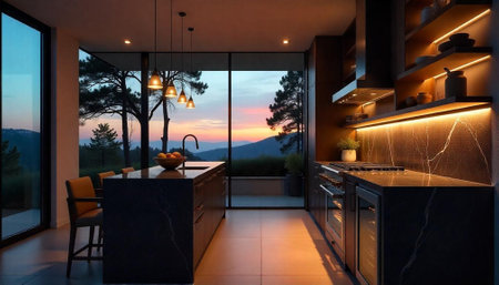 Luxury kitchen interior with sunset view and marble accentsの写真素材