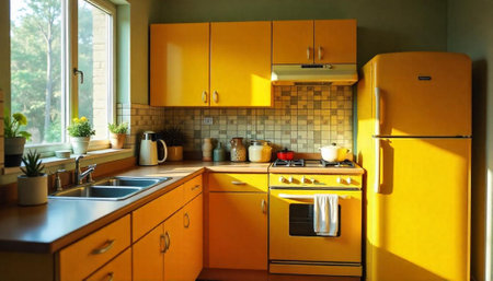 Bright yellow kitchen interior with retro vintage appliance style
