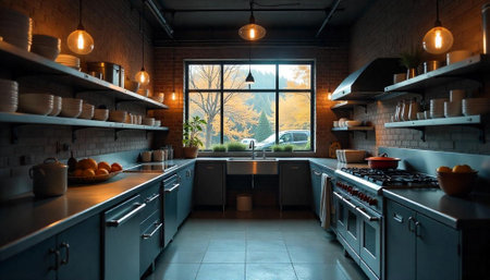 Rustic industrial kitchen with natural light and open shelving