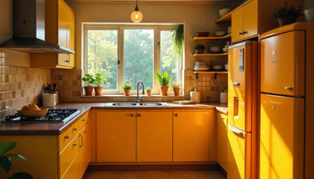 Warm yellow vintage kitchen filled with sunlight and plants