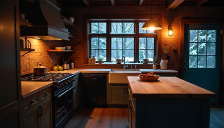Cozy rustic kitchen interior with snow covered window viewの写真素材