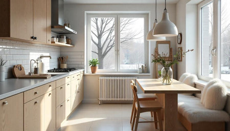 Bright modern kitchen with dining area in minimalist style