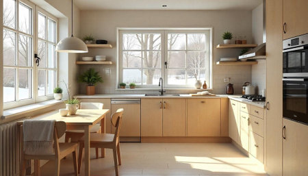 Bright Scandinavian kitchen interior in winter setting, sunny daylightの写真素材