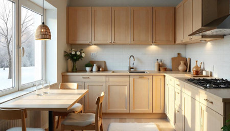 Bright neutral kitchen interior with sunlight and modern designの写真素材