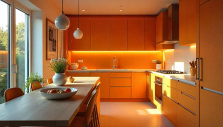 Modern orange kitchen with dining area and natural lighting