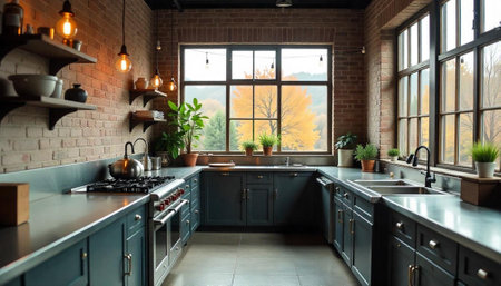Rustic Kitchen with Modern Design and Natural Light Viewの写真素材
