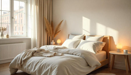 Bright neutral bedroom interior with natural light and decor