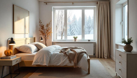 Cozy bedroom interior with winter scenery view outside window