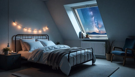 Cozy attic bedroom interior with night sky view windowの写真素材