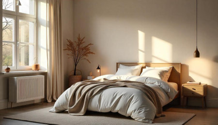 Sunlit modern bedroom interior with minimalist design and warm tonesの写真素材