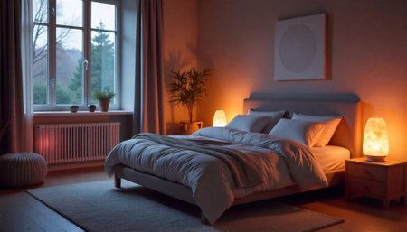 Cozy bedroom interior design with warm lighting at duskの写真素材