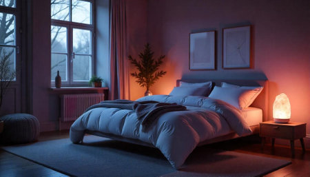 Cozy bedroom with soft lighting and comfortable atmosphereの写真素材