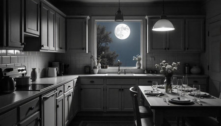 Moonlit kitchen with table set for a nighttime meal