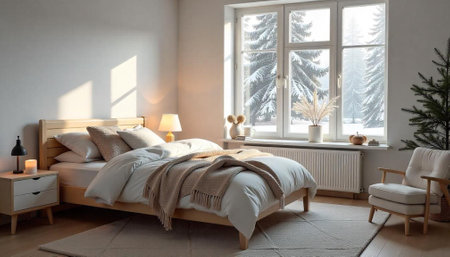 Cozy bedroom interior with winter view and neutral tonesの写真素材