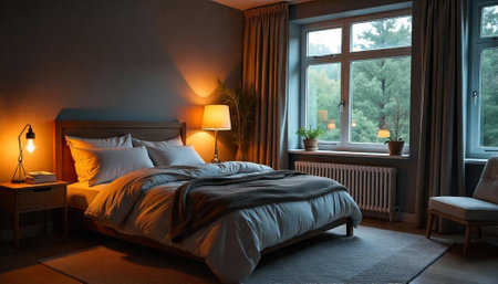 Cozy bedroom interior with warm lighting and serene view