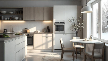 Modern kitchen interior with dining area and winter view