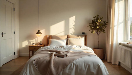 Cozy bedroom interior with soft light and neutral tones