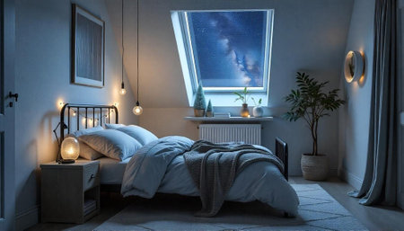 Cozy attic bedroom interior with skylight and ambient lightingの写真素材